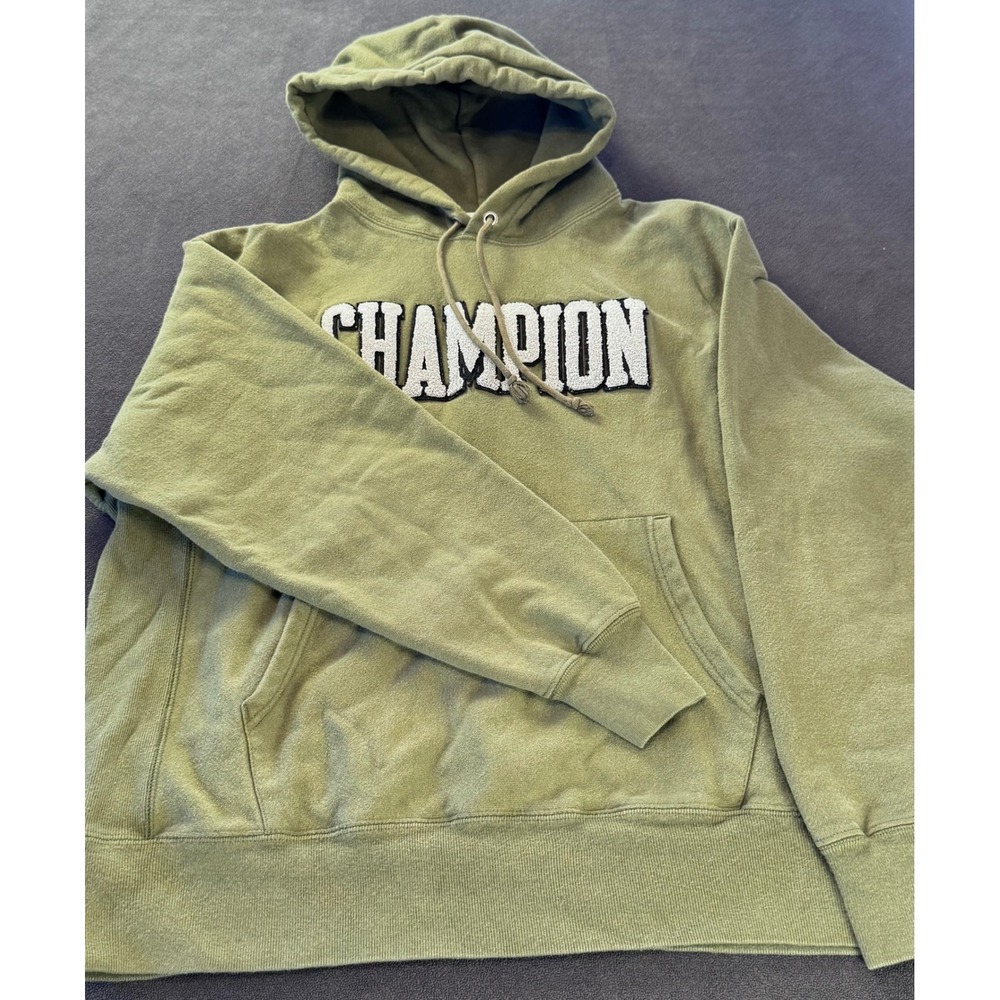 VTG Champion Reverse Weave Hoodie Mens Large Olive Green Textured Logo Pullover